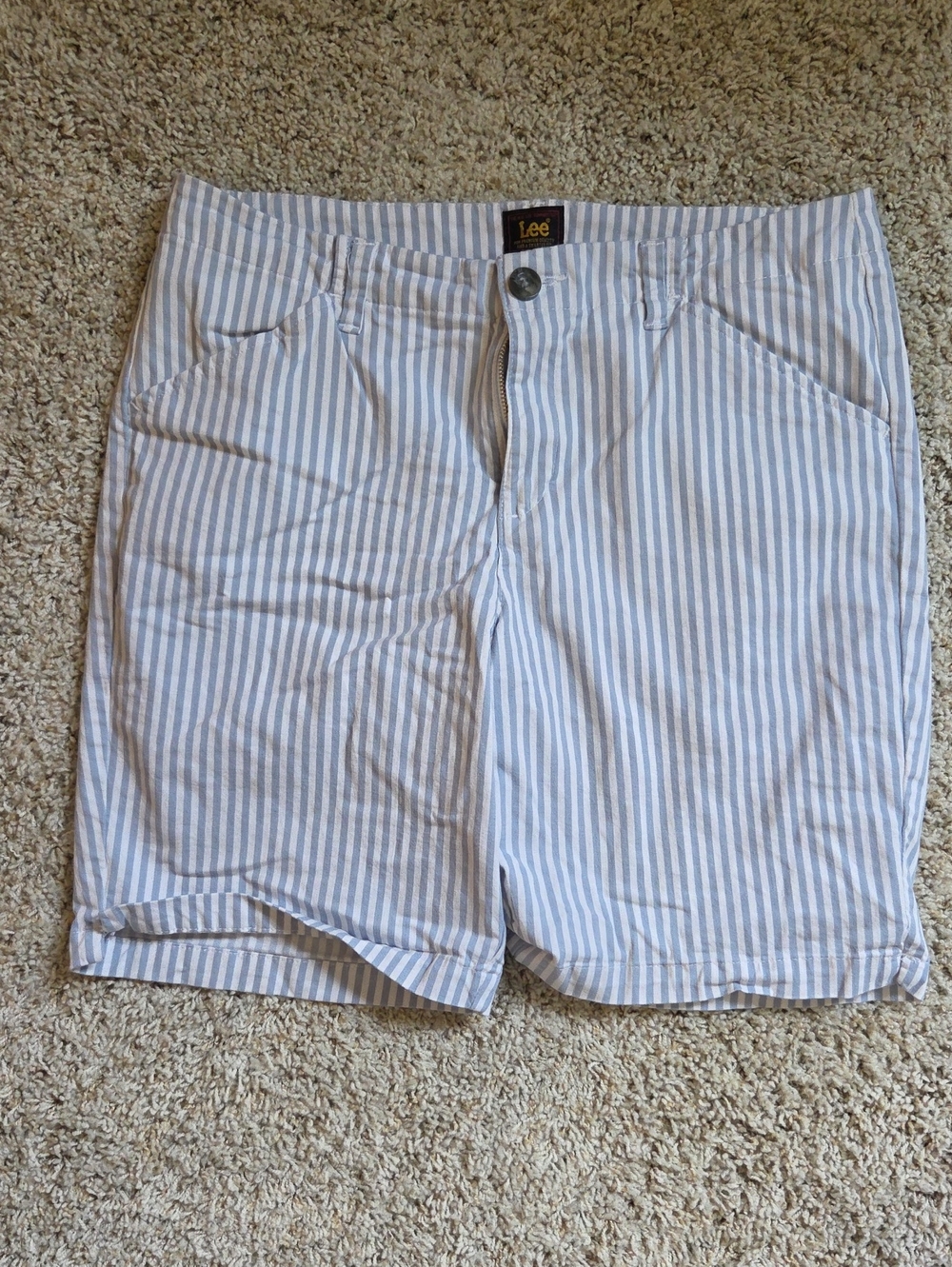 Lee Women's Light Blue and White Striped Bermuda Shorts